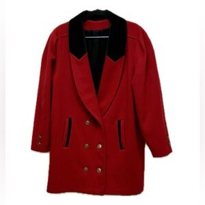 Vintage Jeremy Scott double breasted pea coat, wool & velvet, red, black XL
